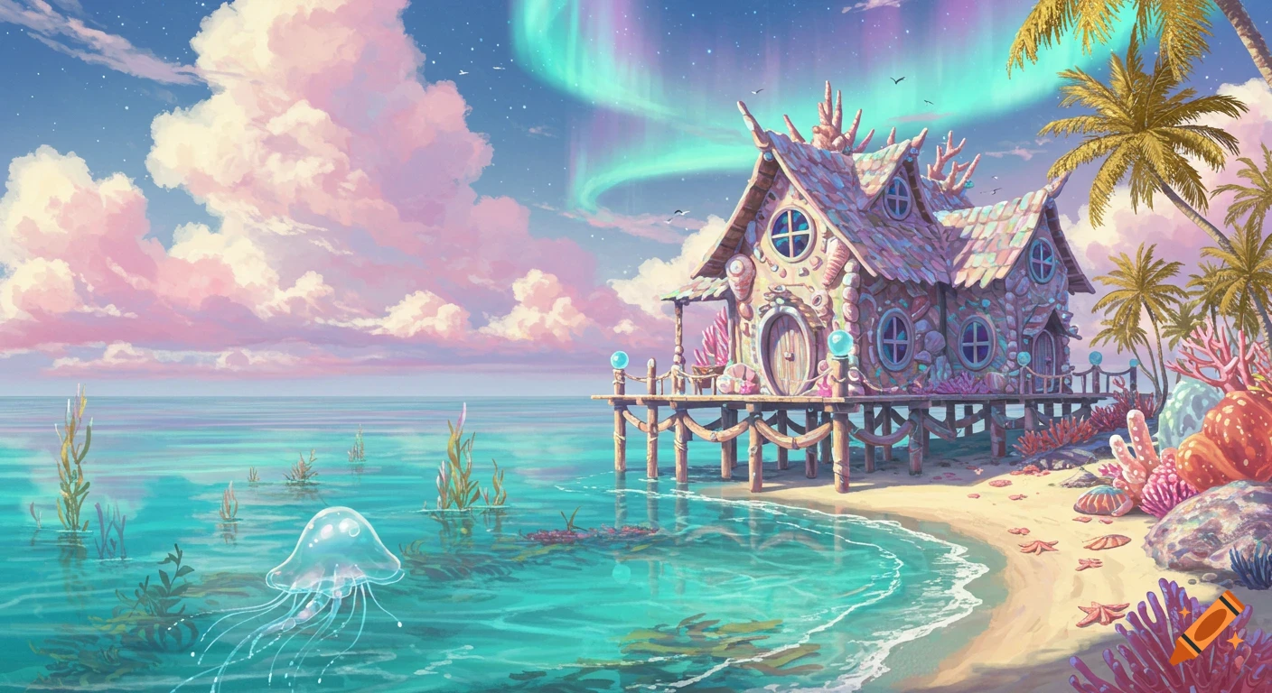 A whimsical beach house on a pier over the ocean at sunset, with an aurora, jellyfish, palm trees, and coral.