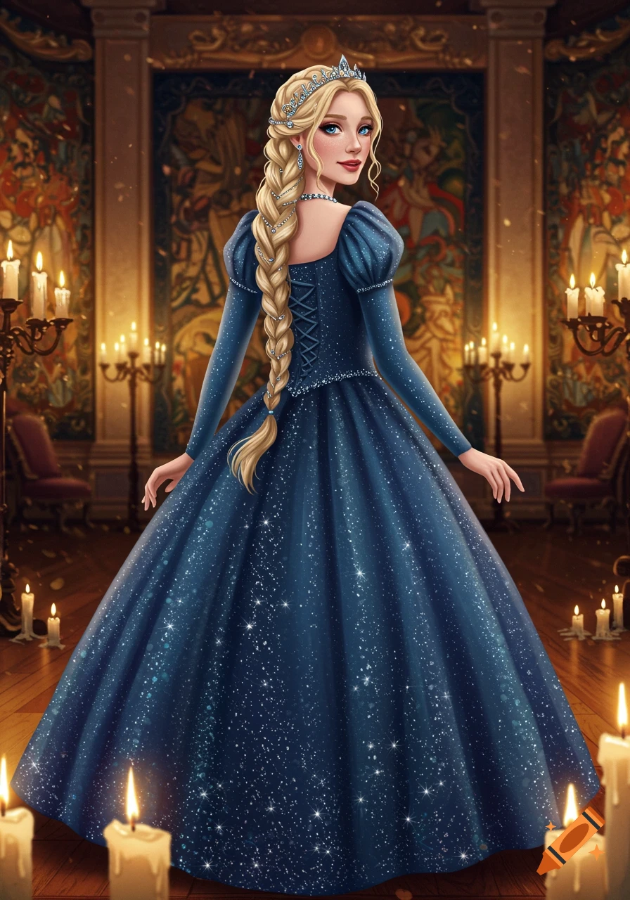 A blonde princess in a shimmering blue fantasy ball gown in a candlelit ballroom.