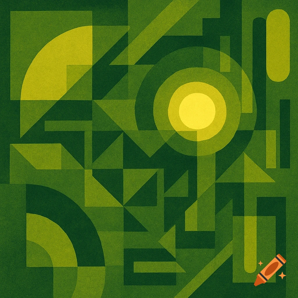 Abstract geometric shapes in yellow and green with a grainy texture.