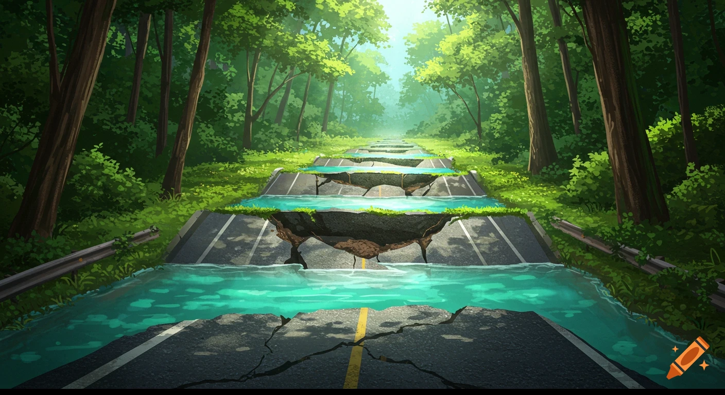 A broken highway overgrown by forest with water flowing over it.