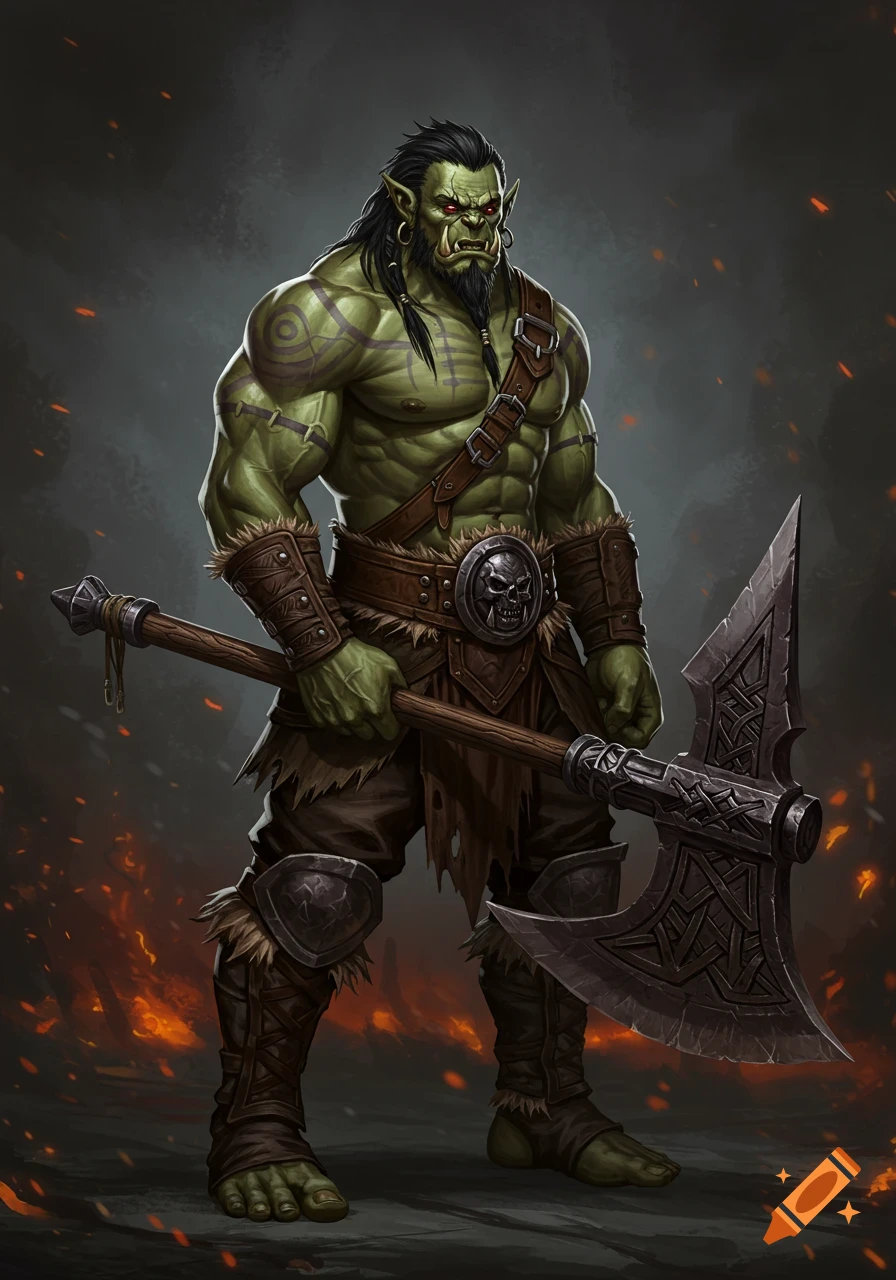 A muscular green half-orc warrior holding a large axe.