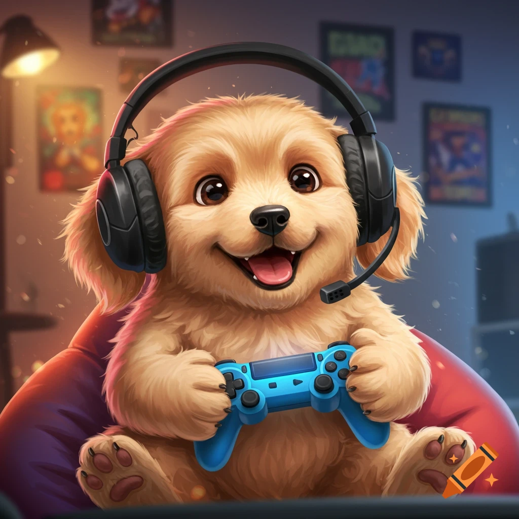 A cute cartoon dog wearing a gaming headset and holding a controller.