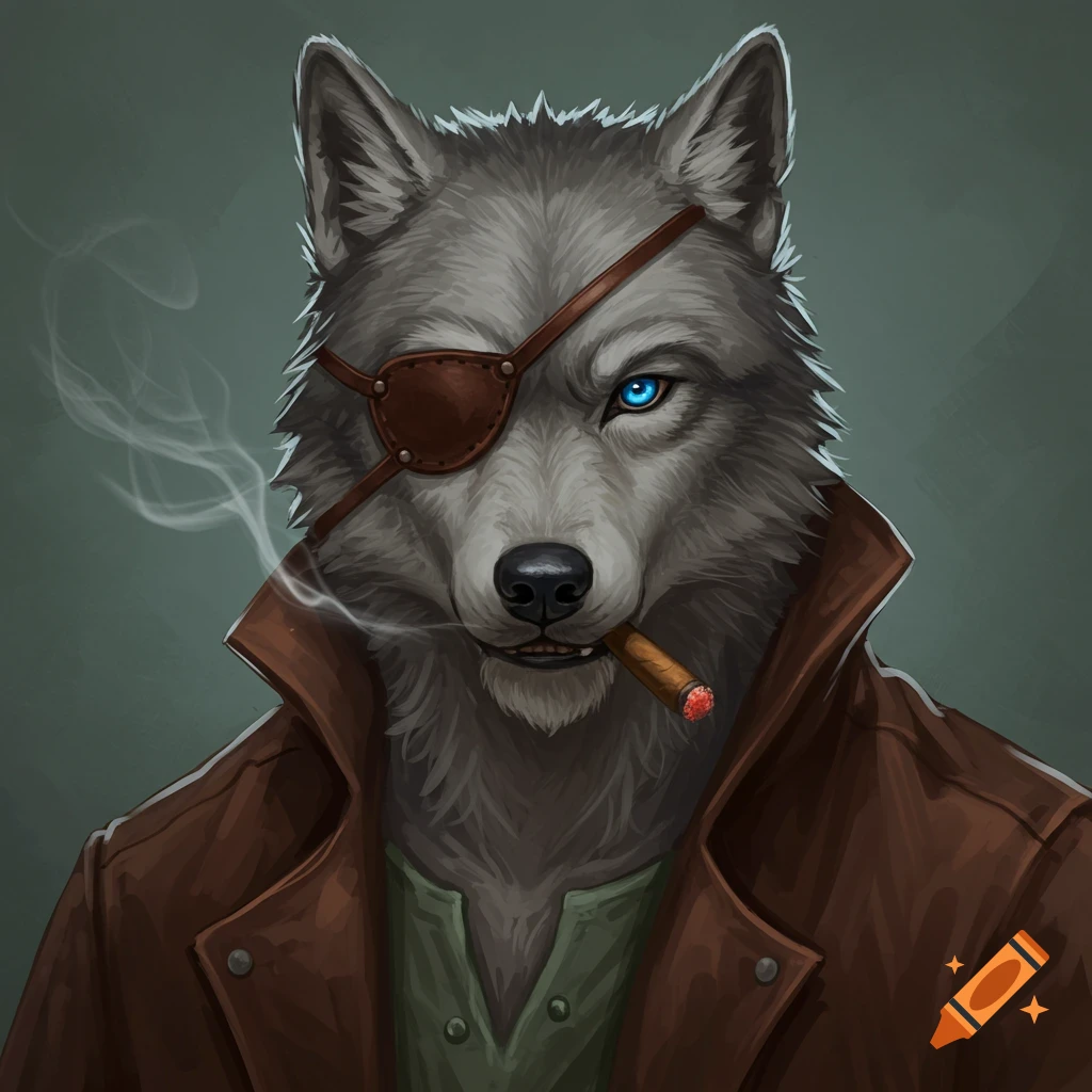 A grey wolf wearing an eyepatch, brown coat, and green shirt, smoking a cigar.