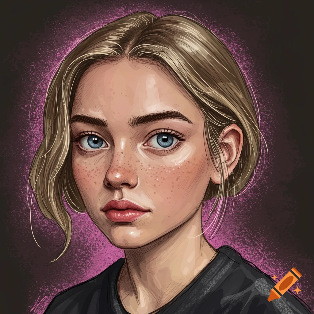 Portrait of a young woman with blonde hair, blue eyes, and freckles.