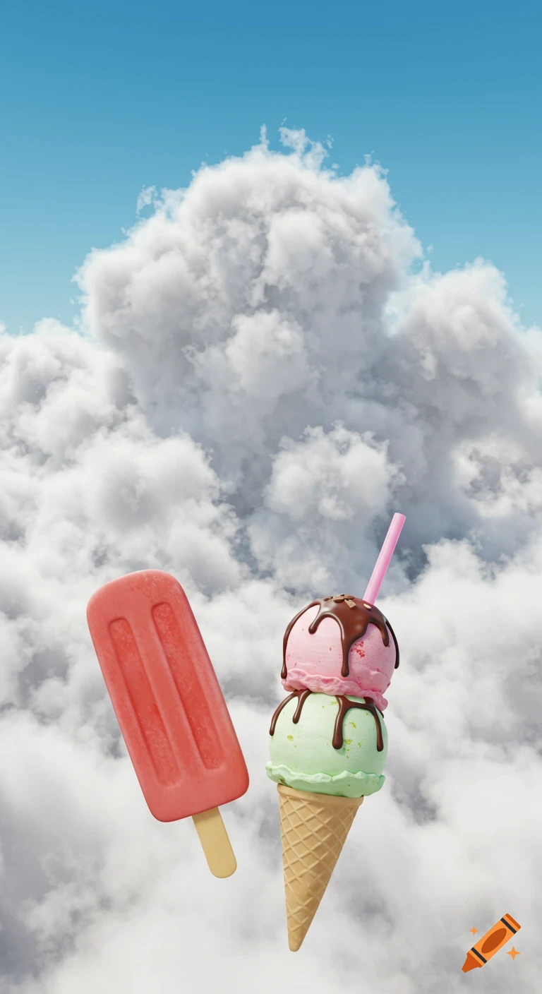 A pink popsicle and a stacked ice cream cone float among white clouds in a blue sky.