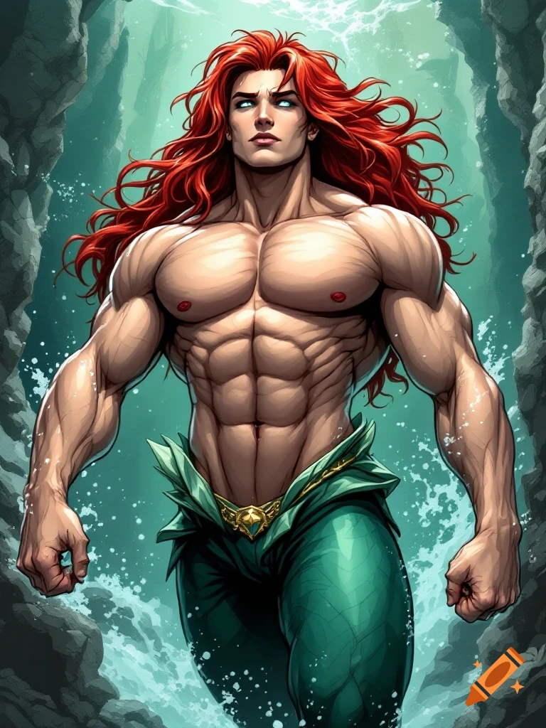 Muscular man with red hair and green tail in an underwater cave, comic art style.