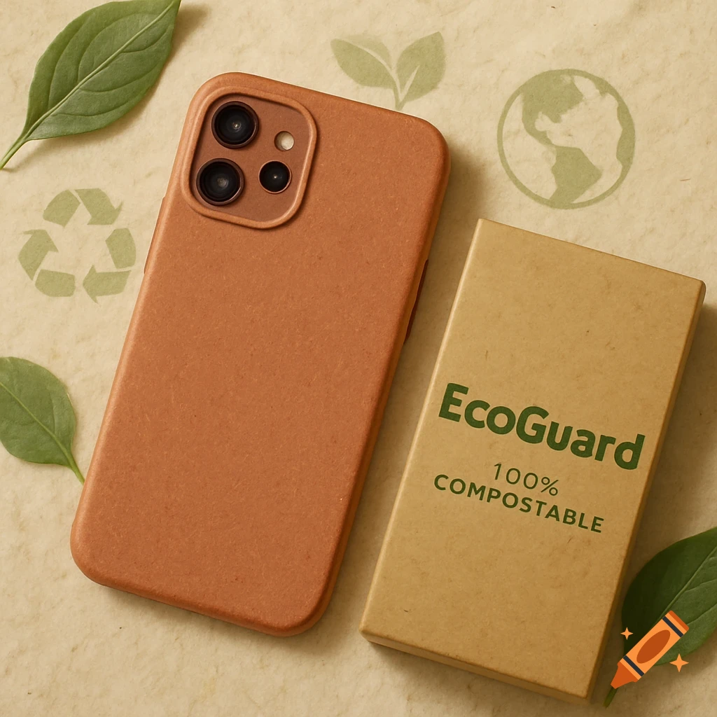 A sustainable phone case and compostable box with eco symbols and leaves on a textured surface.