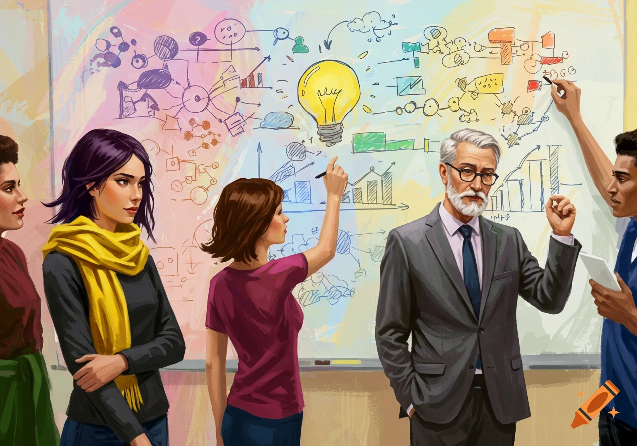 Diverse people collaborating around a whiteboard with diagrams and a lightbulb graphic.