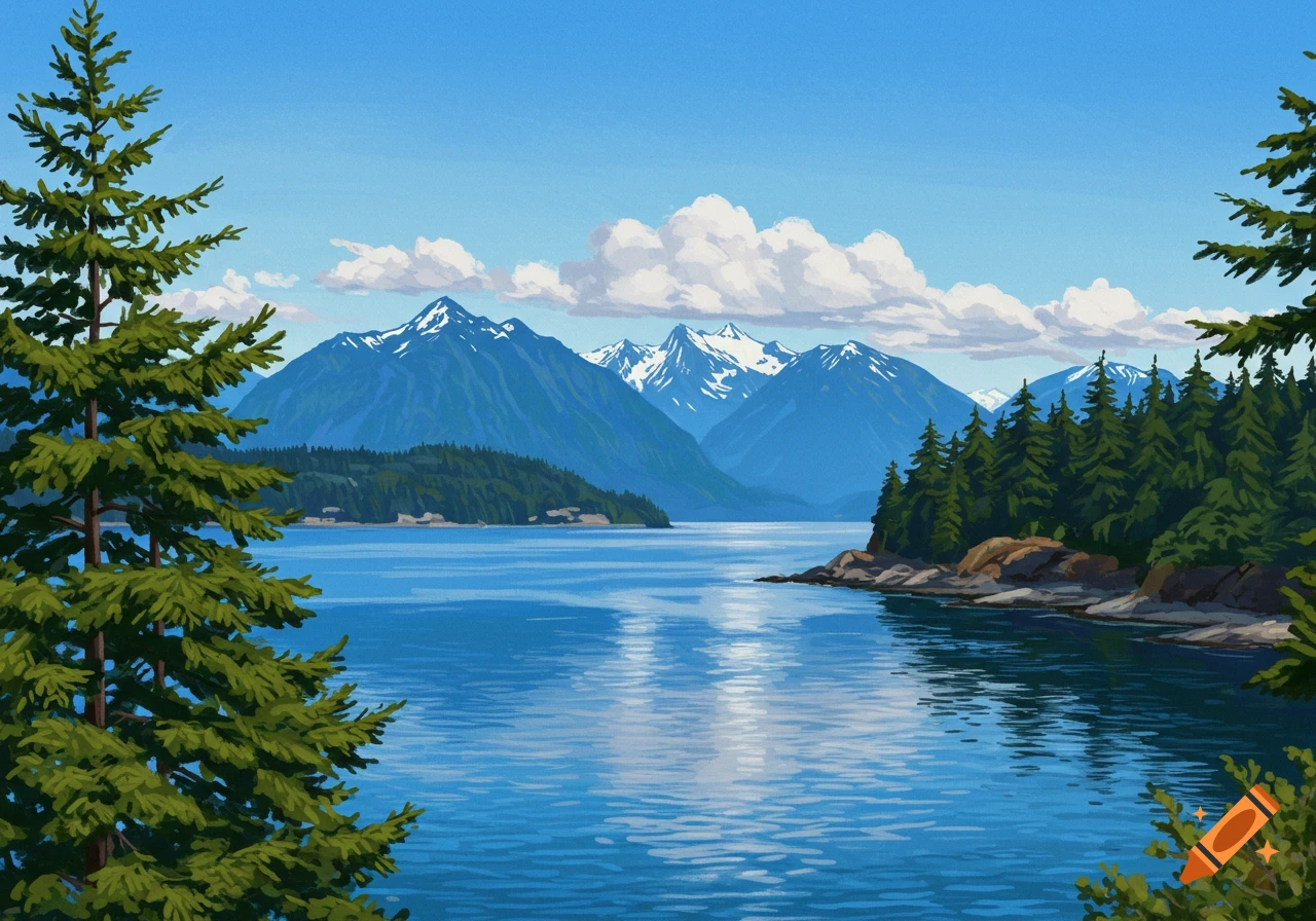 A scenic mountain lake surrounded by pine trees under a cloudy sky.