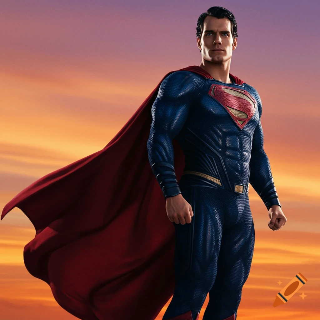 Photorealistic image of Superman in his suit and cape against a sunset sky.