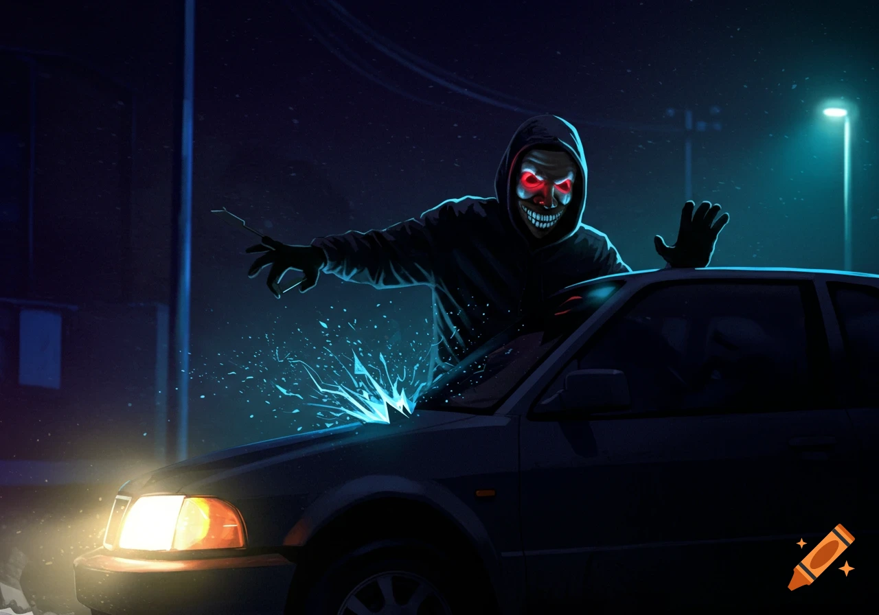 A masked figure is breaking into a car at night.
