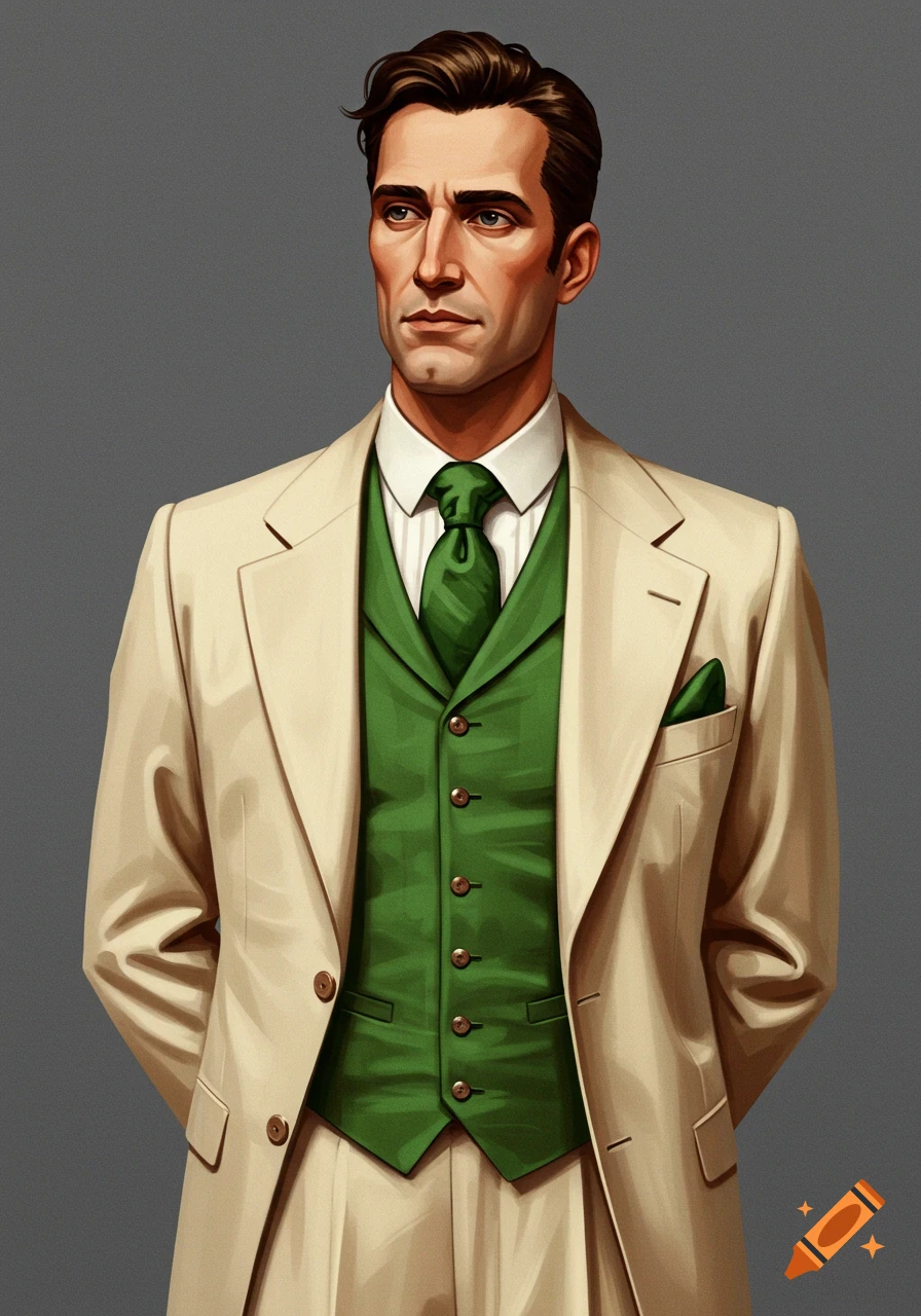 A man in a cream suit and green vest.