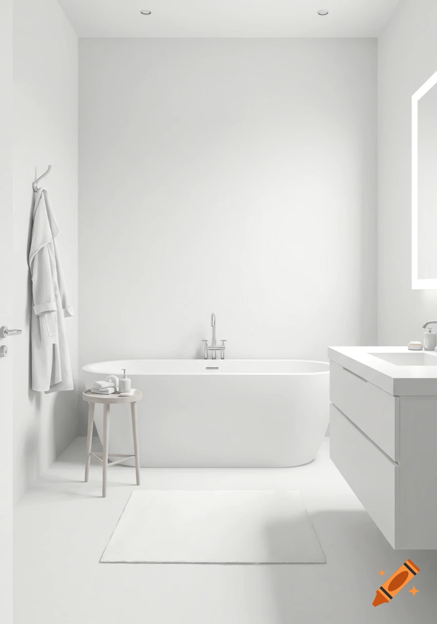 A minimal white bathroom with a freestanding tub, sink, and robe.
