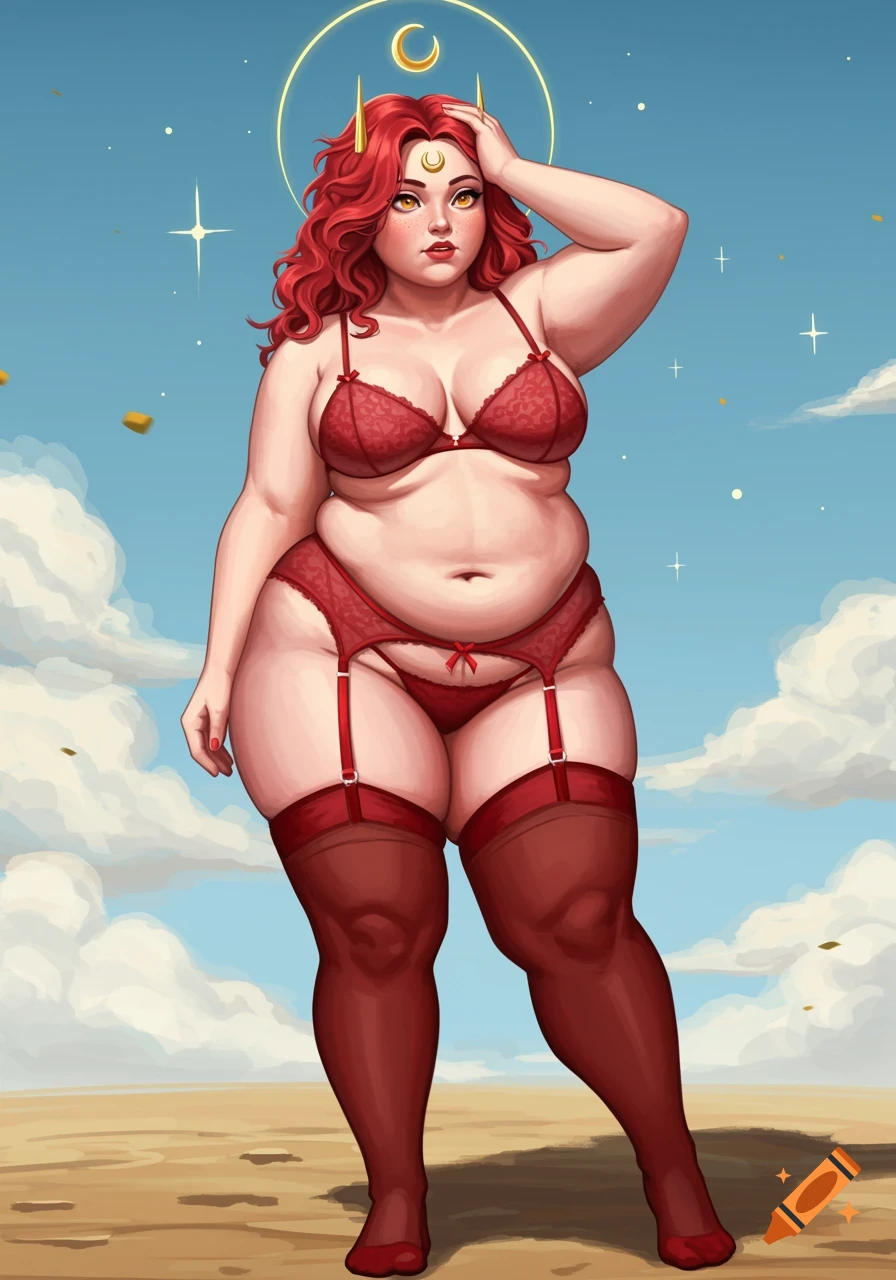 A full-figured goddess with red hair in red lingerie posing against a sky backdrop.