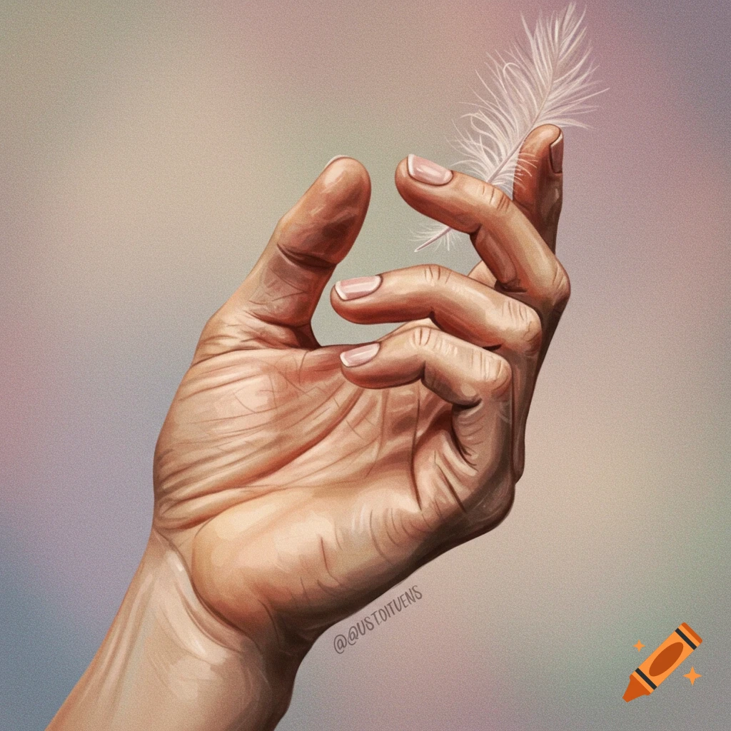 A hand gently holding a white feather.