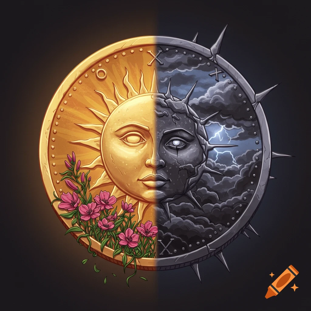 Illustration of a coin with a face split between a golden sun side with flowers and a dark storm side with lightning and thorns.