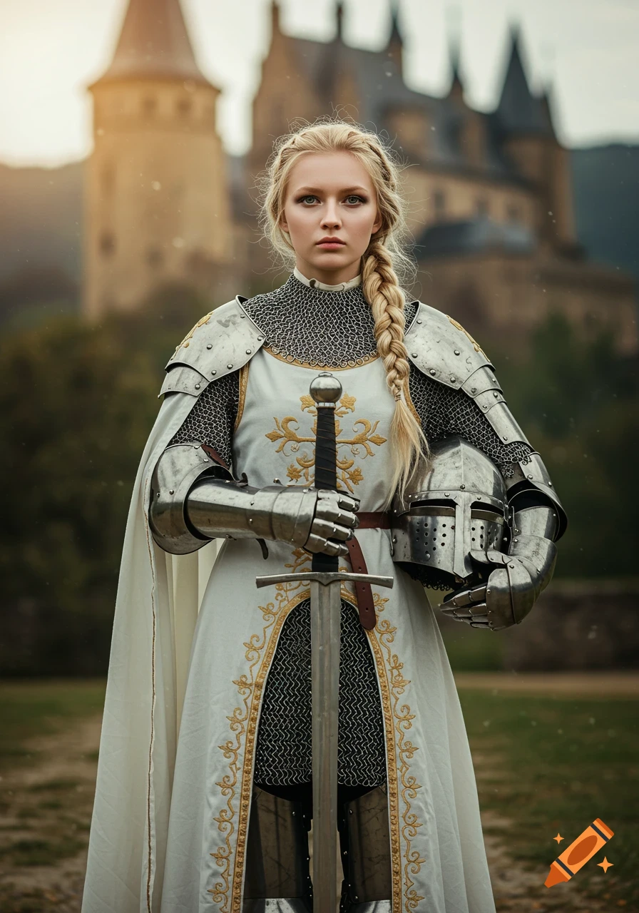A blonde woman in full plate armor stands in a medieval setting, holding a sword and helmet. A castle is in the background.