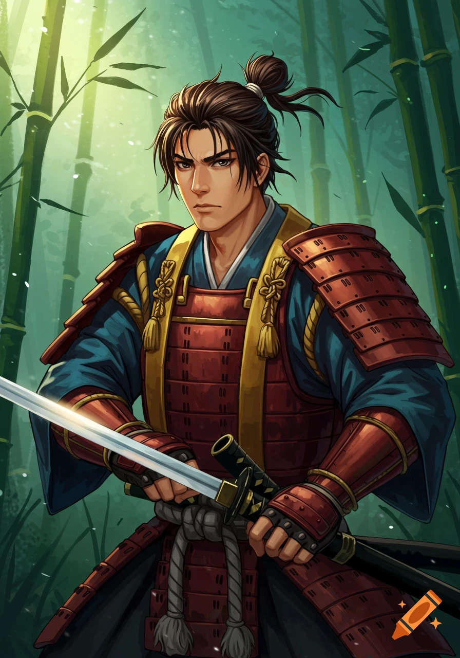 A samurai warrior in armor with a sword stands in a bamboo forest.
