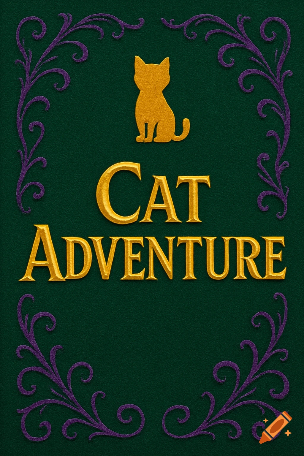 Book cover with gold cat symbol and text 'Cat Adventure' on green background with purple swirls.