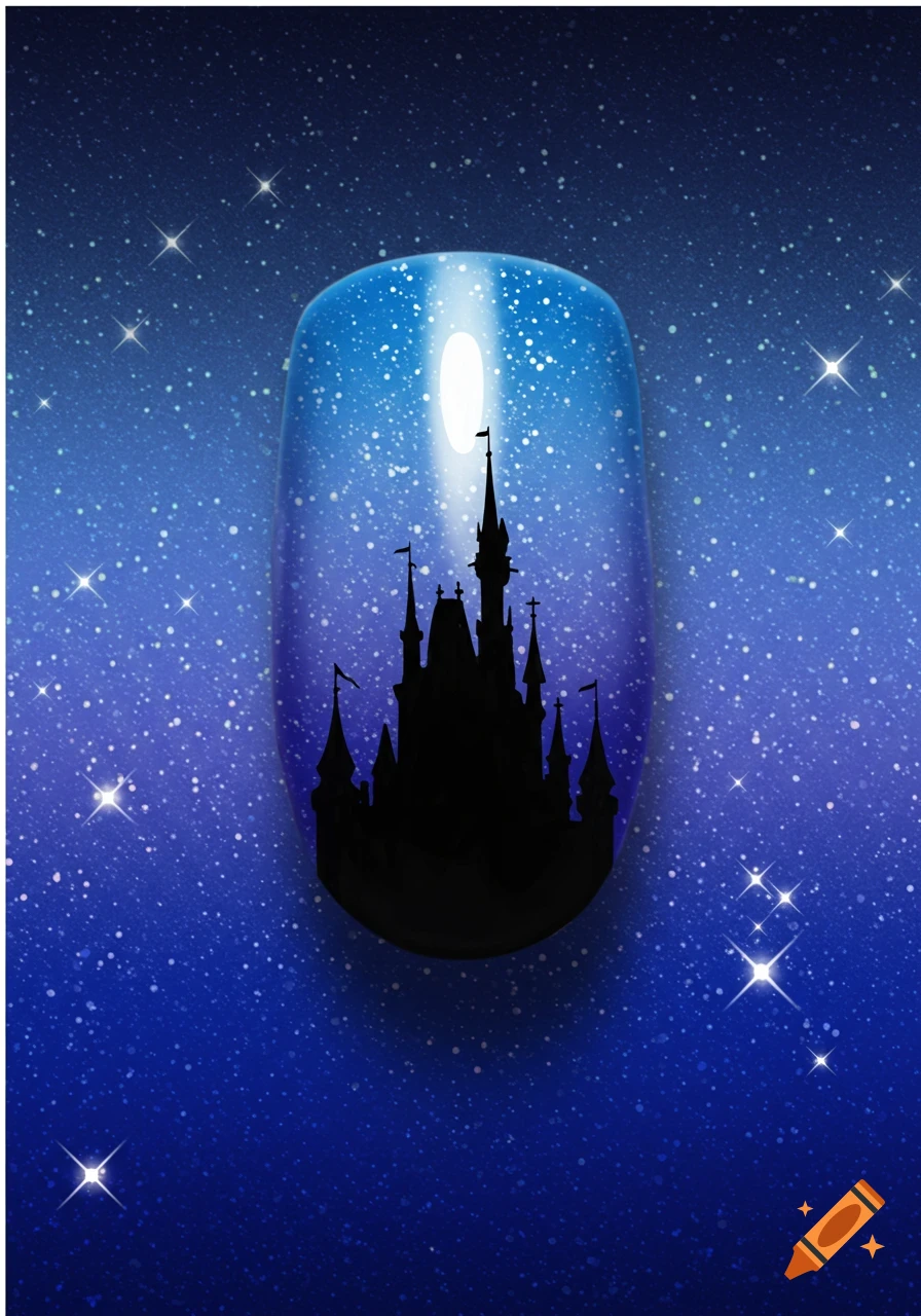 Nail art with blue gradient sky, stars, and a black castle silhouette