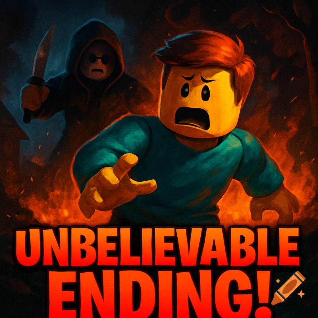 Roblox character runs from hooded figure with knife amidst fire, text says "UNBELIEVABLE ENDING!"