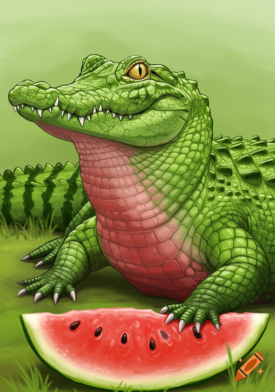 Cartoon alligator sits beside a slice of watermelon.
