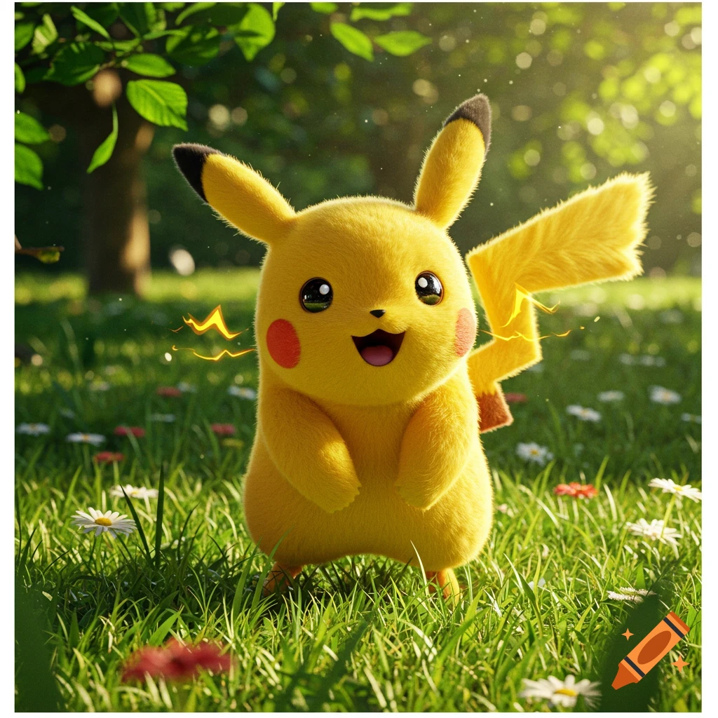 Fluffy, realistic Pikachu stands in a sunny field of flowers and grass.