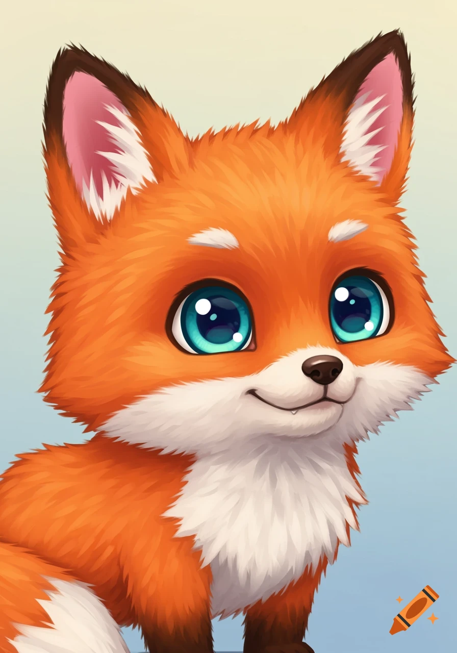 Close-up of a cute cartoon baby fox with big blue eyes and fluffy orange and white fur.