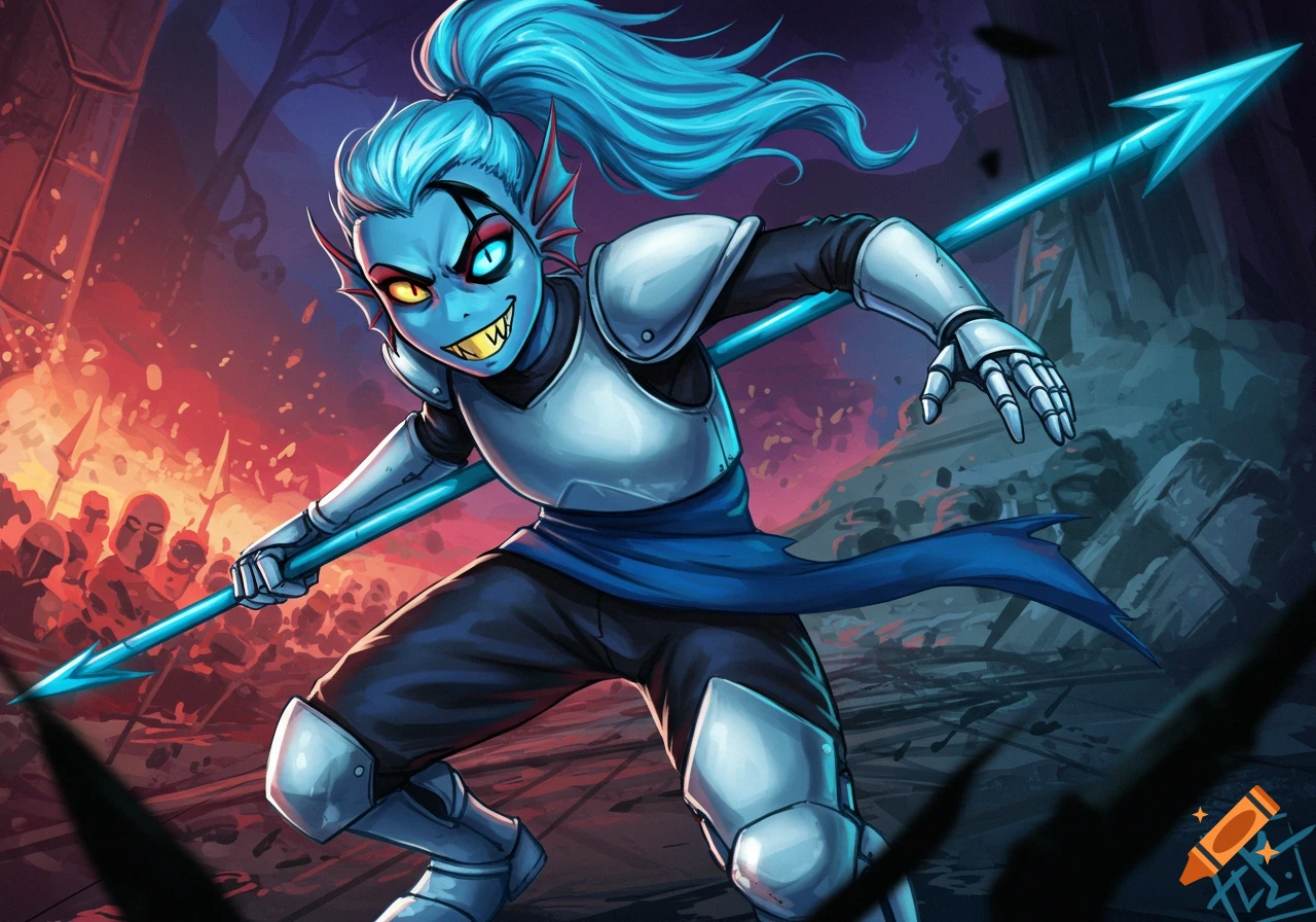 Blue fish-like character in armor holds a spear, facing a crowd in a dramatic fantasy battle scene.