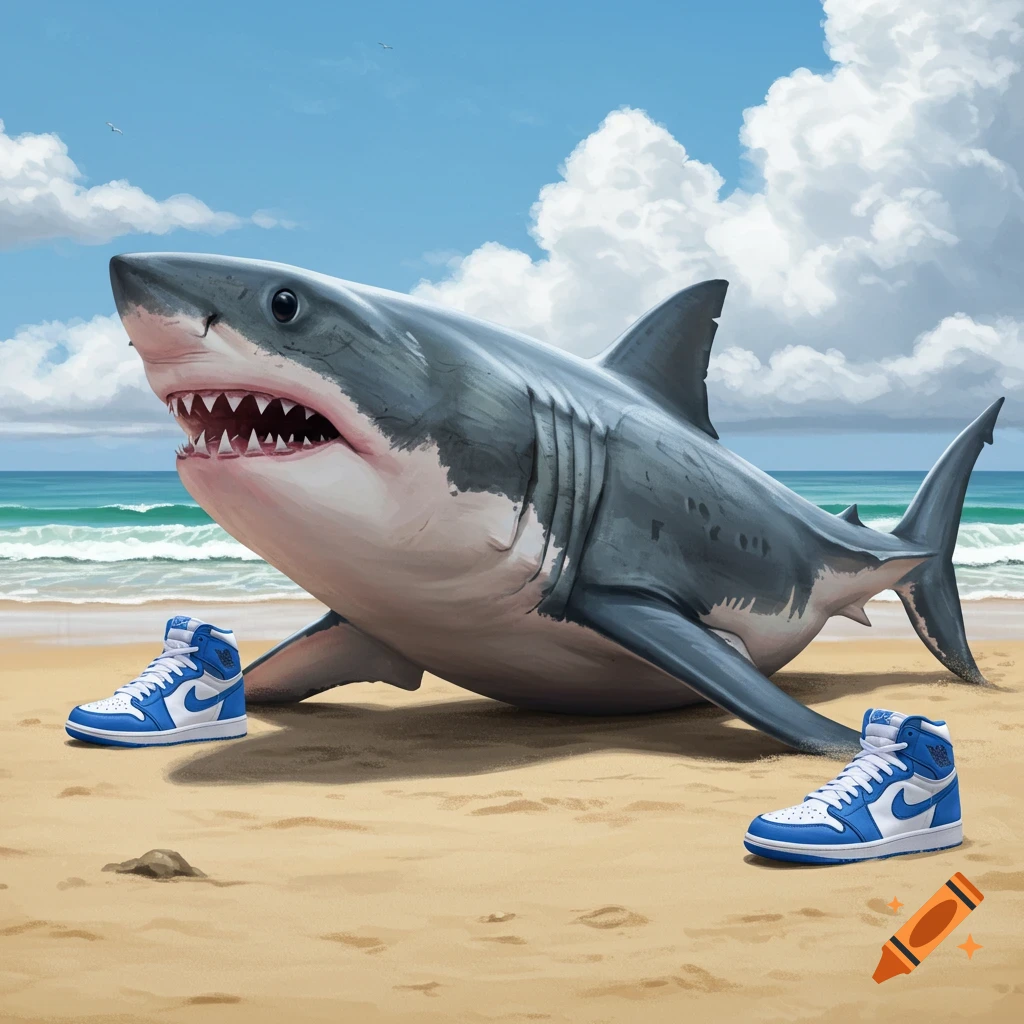 A great white shark stands on a beach wearing blue and white sneakers.