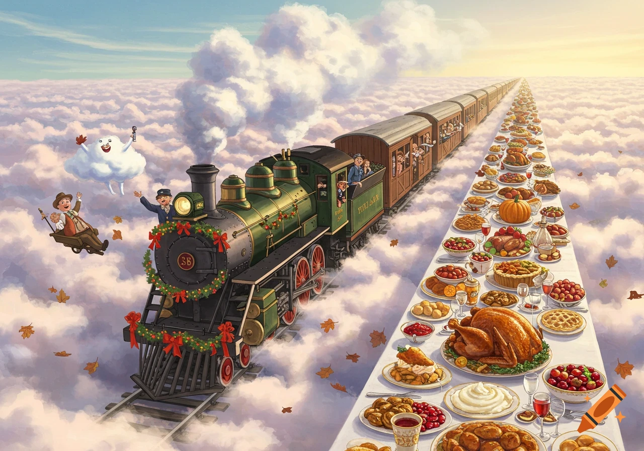 A train traveling on tracks through clouds towards a long table filled with Thanksgiving food. A whimsical cloud character and people wave.