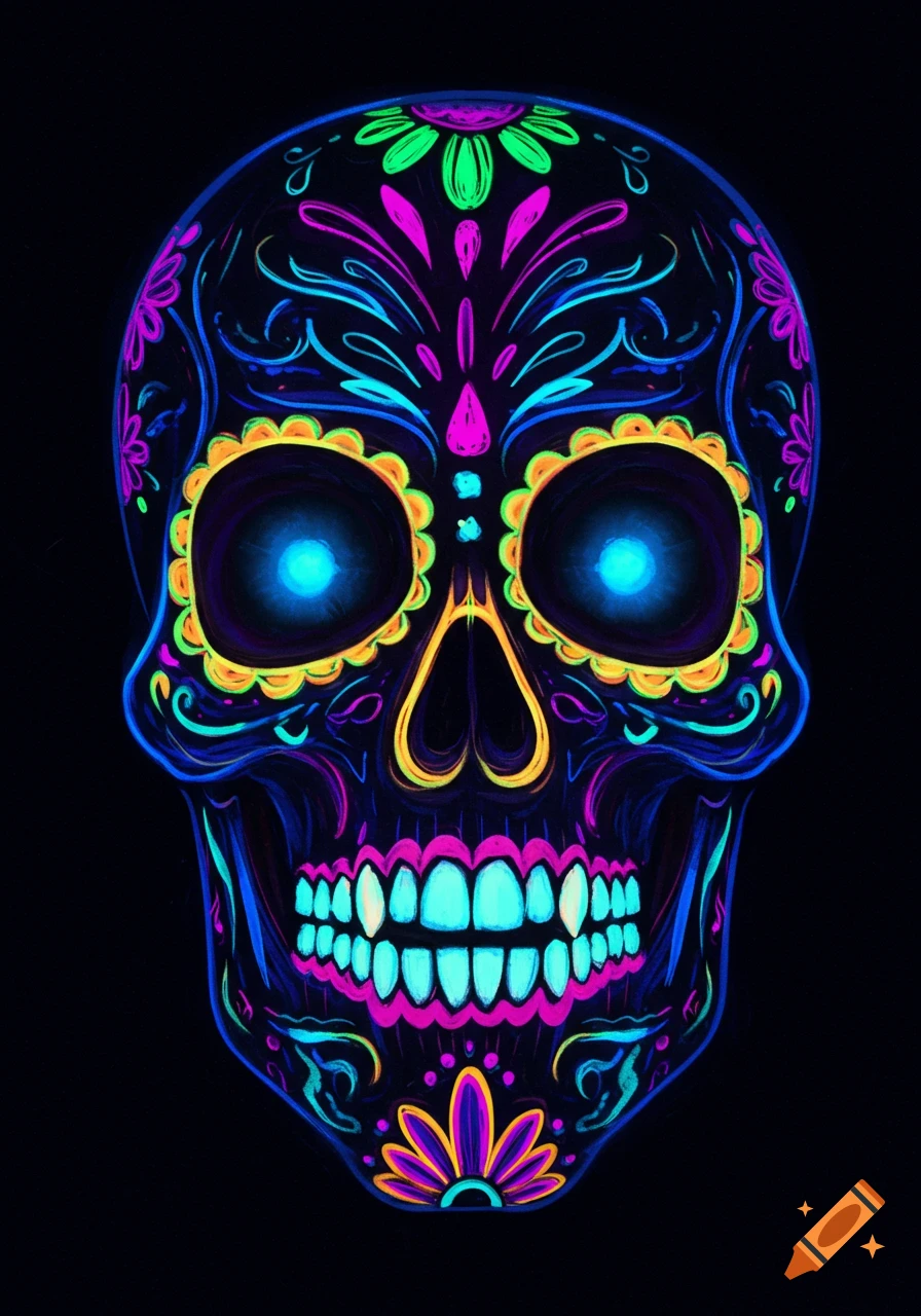 A vibrant sugar skull with neon black light colors on a black background.