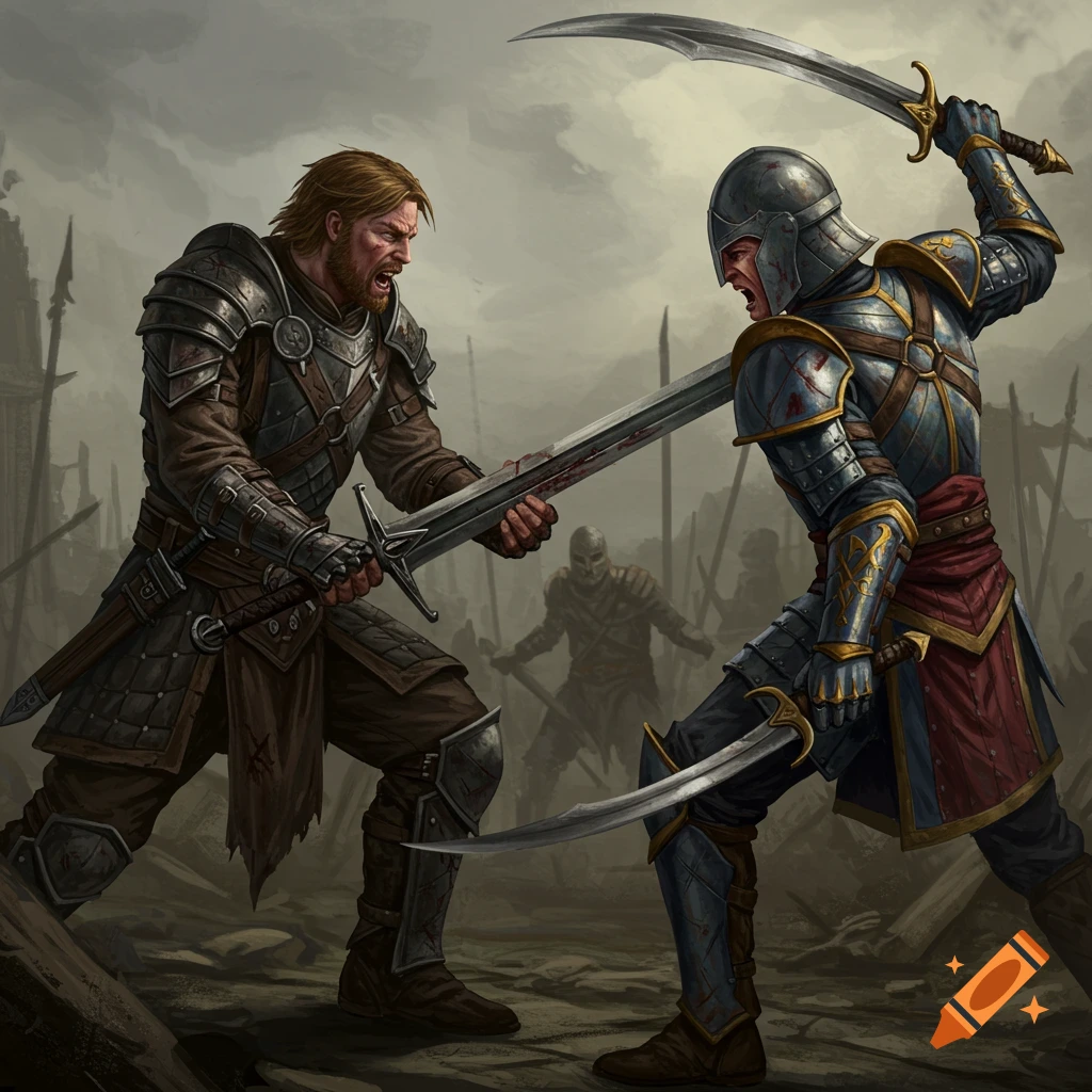 Two fantasy soldiers in armor sword fighting on a battleground.