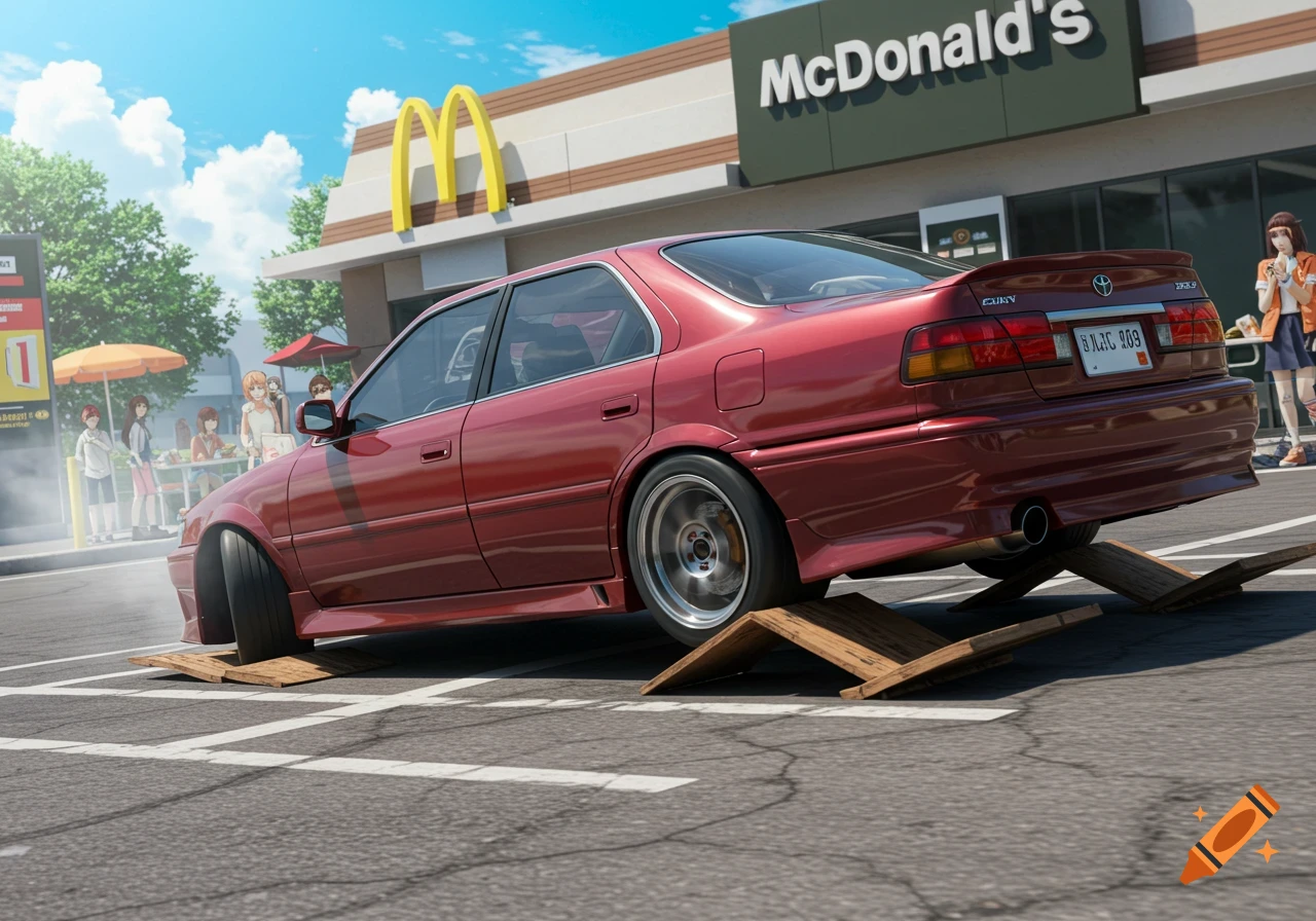 An anime-style red car drifts on ramps in a McDonald's parking lot with anime characters in the background.