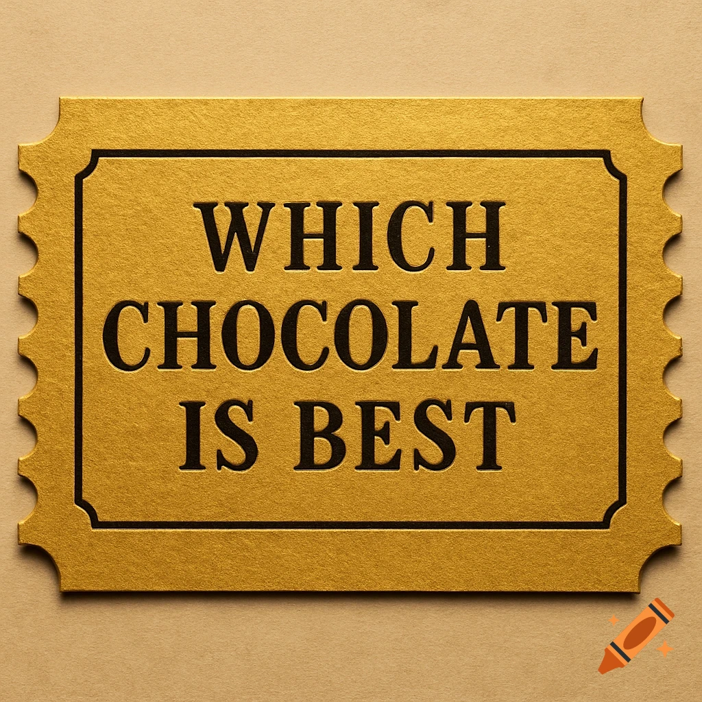 A close-up view of a golden ticket with scalloped edges, featuring the words "WHICH CHOCOLATE IS BEST" in black serif font.