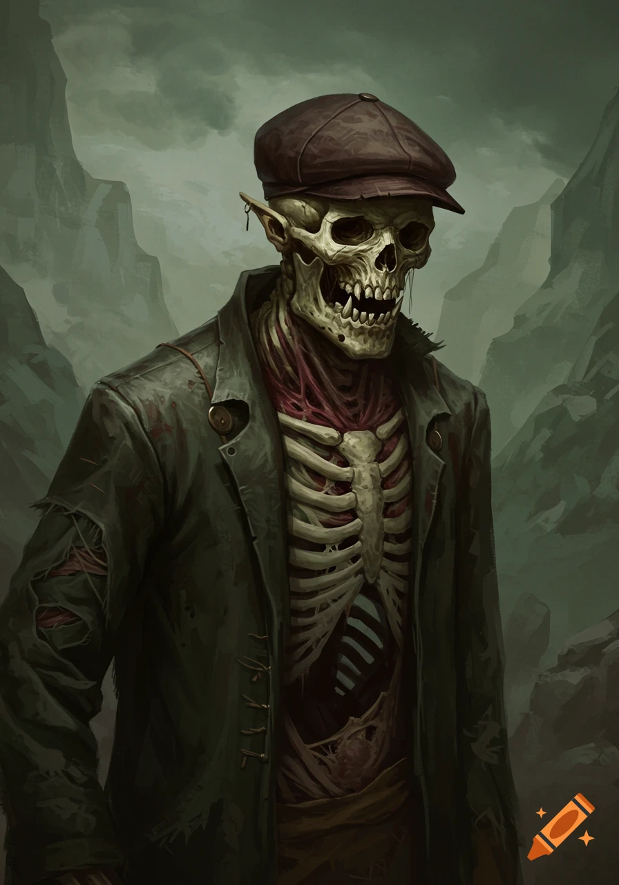 A skeleton in a flat cap and tattered coat stands in a rocky landscape, ribs exposed.