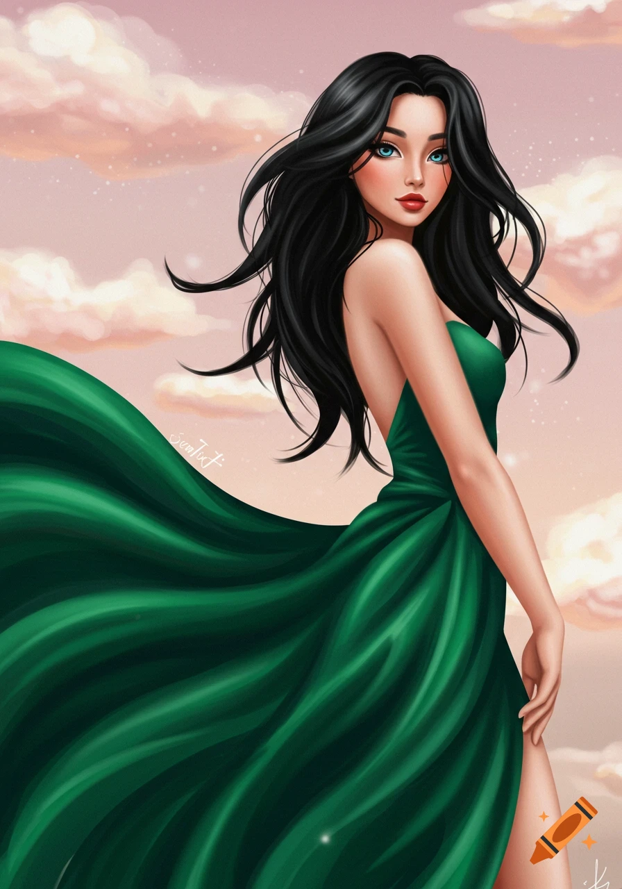 A woman with dark hair in a flowing green dress against a pink sky. on ...
