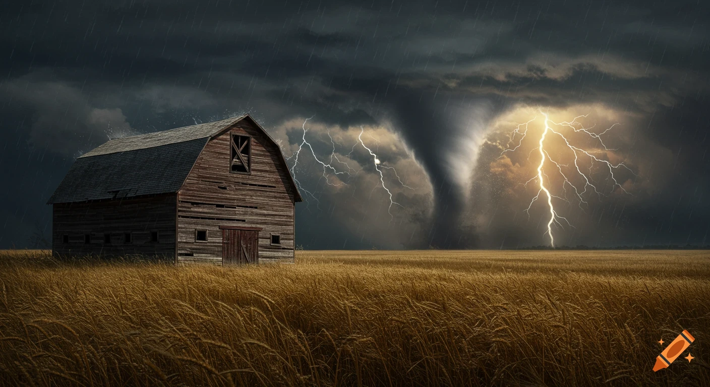 A dilapidated barn stands in a wheat field under a stormy sky with a tornado and lightning.