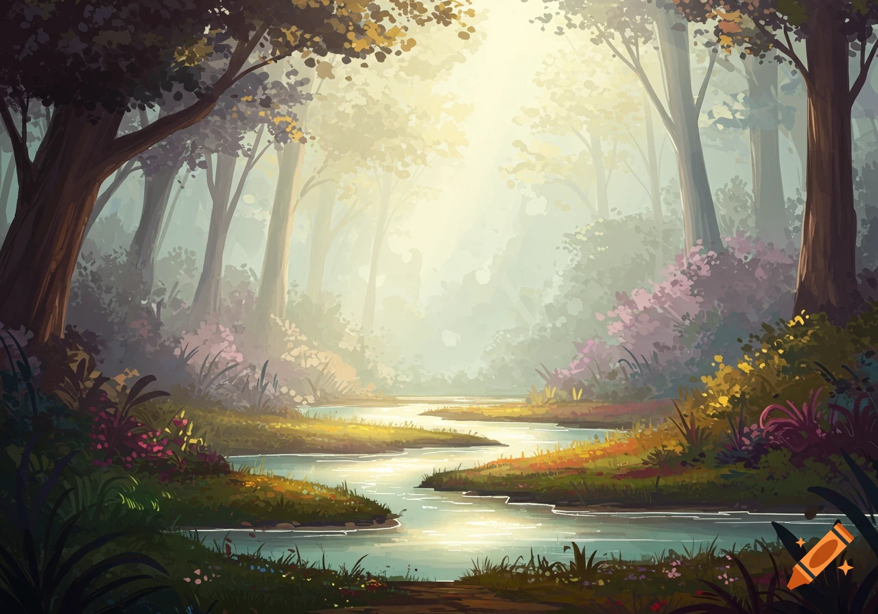 Fantasy forest landscape with a winding river illuminated by sunlight.
