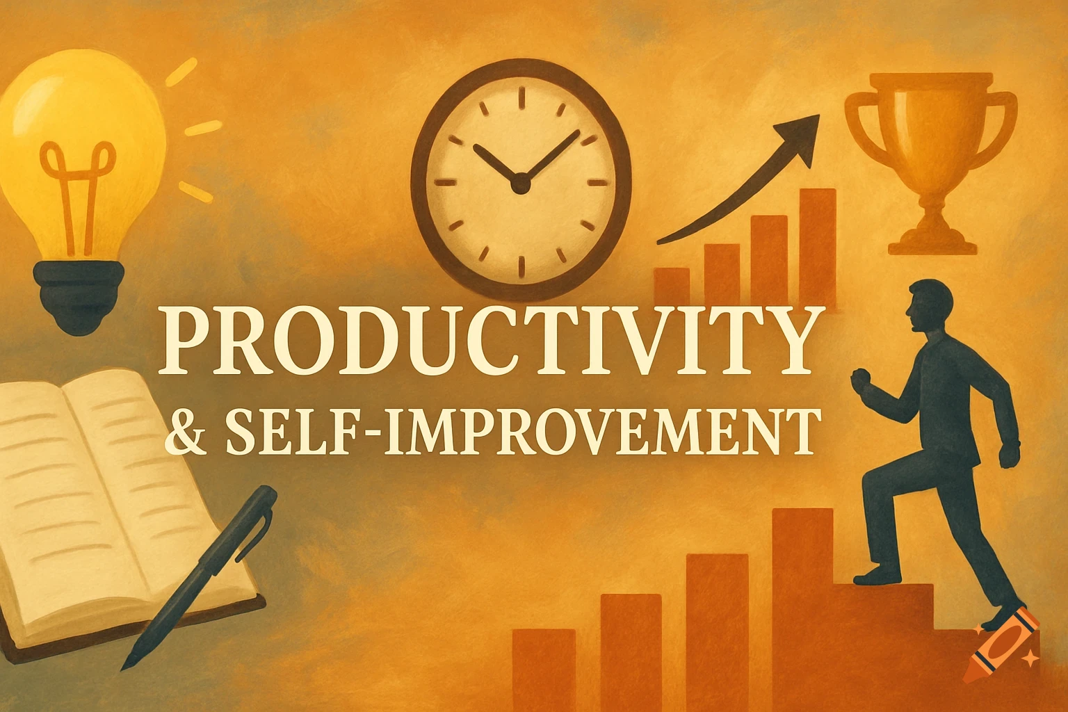 Illustration with icons for productivity and self-improvement: lightbulb, clock, book, chart, trophy, person walking upstairs, and text 'PRODUCTIVITY & SELF-IMPROVEMENT'.