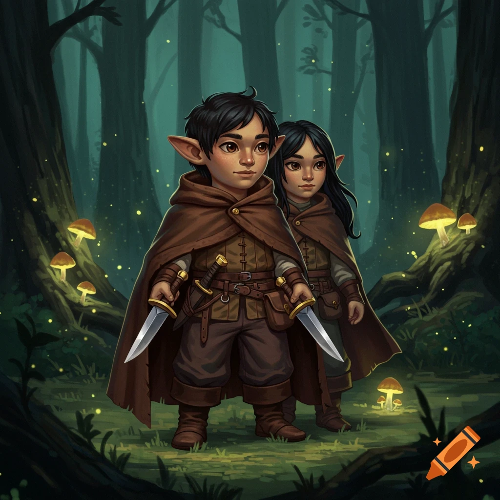 Two young fantasy characters with cloaks and knives stand in a dark forest with glowing mushrooms and fireflies.