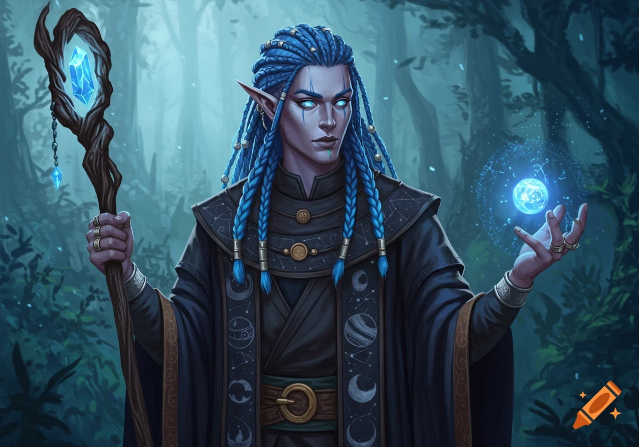 Blue-skinned fantasy character with braided blue hair holding a staff and glowing orb in a forest.