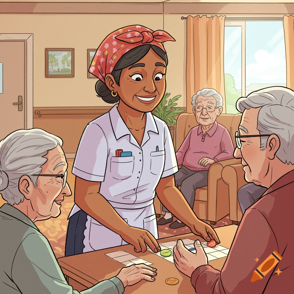 Comic illustration of a domestic worker playing a game with elderly people in a retirement home.