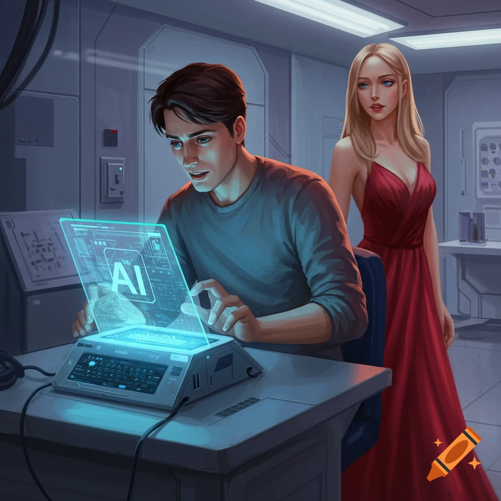 A man stares intently at a glowing holographic screen displaying 'AI', while a woman in a red dress stands behind him.
