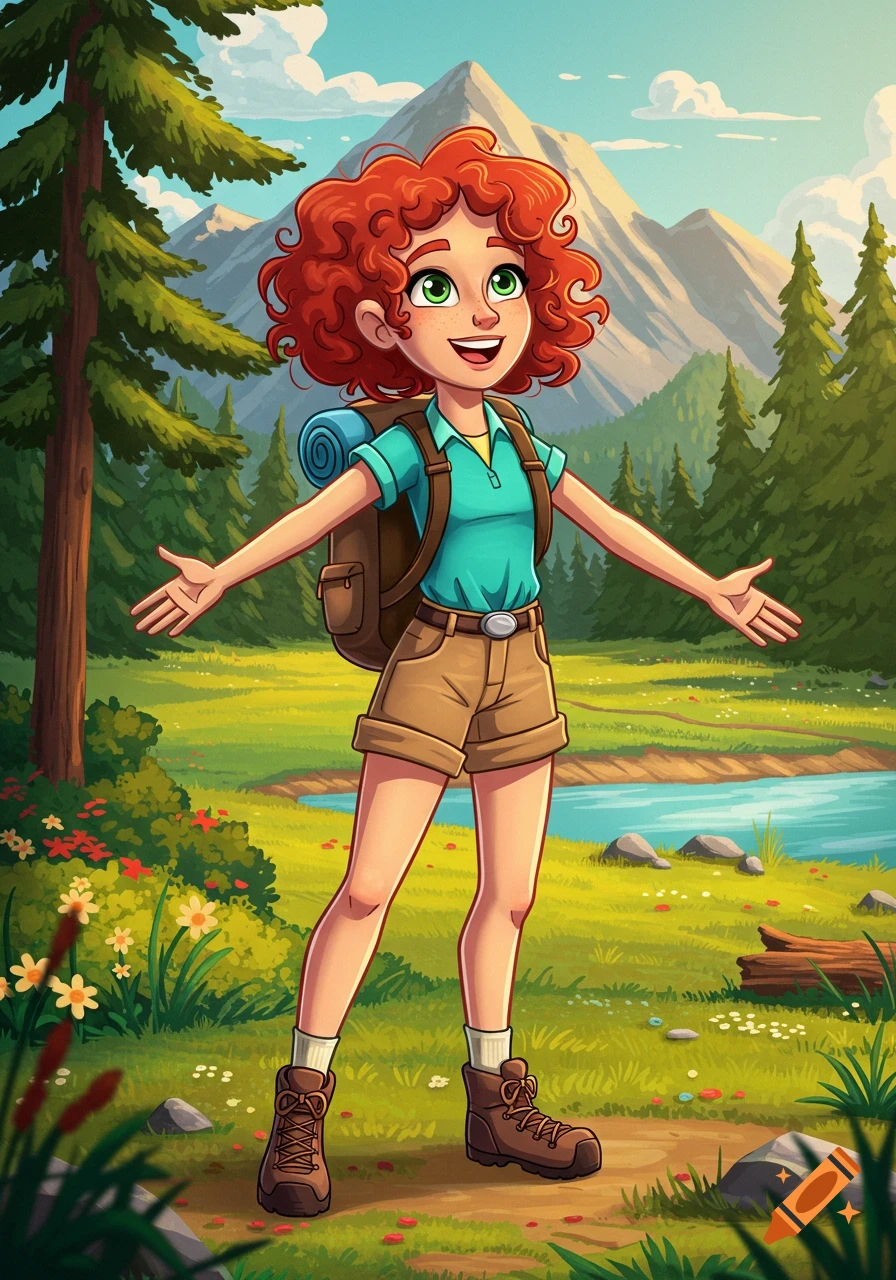 Cartoon girl with red curly hair hiking in a sunny mountain meadow.