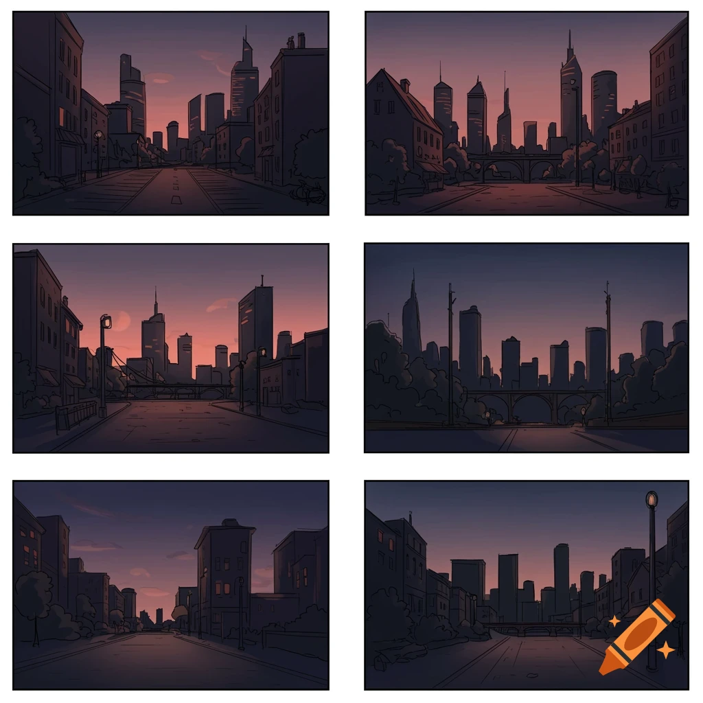 Six stylized 2D cityscape illustrations at dusk