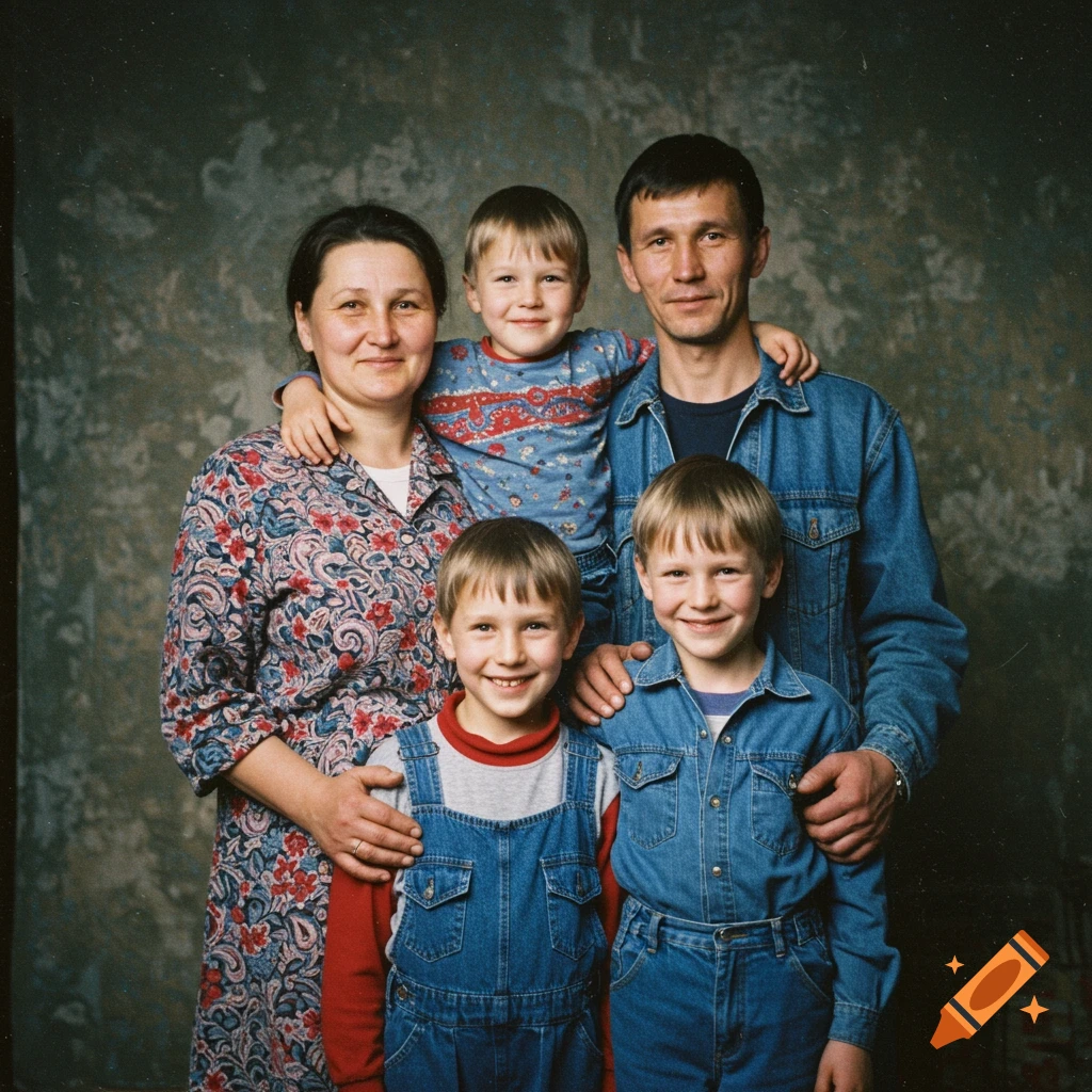A 1990s family portrait featuring parents and three children against a textured backdrop.