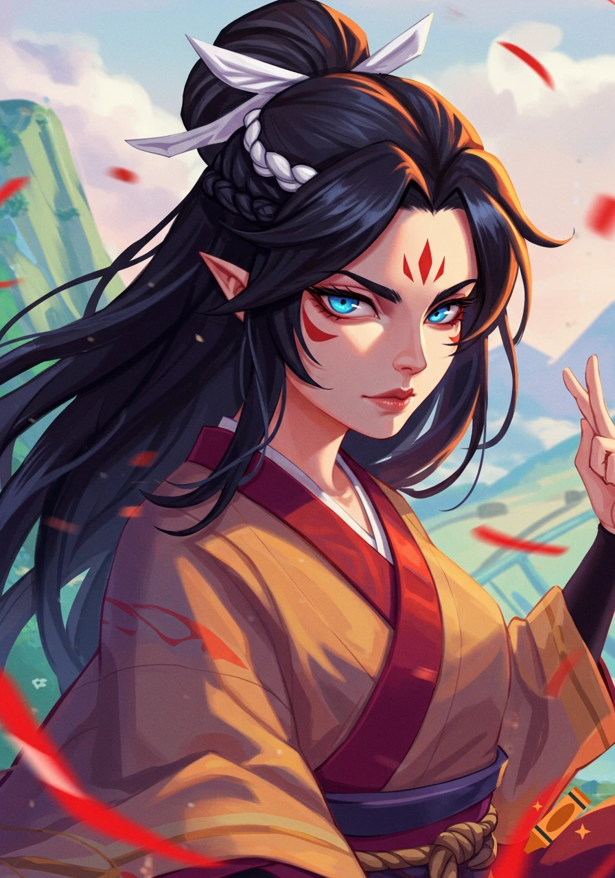 A fantasy female character is depicted wearing a kimono. She has face markings and blue eyes.
