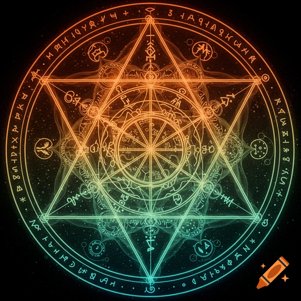 Glowing geometric sigil with symbols on a dark background