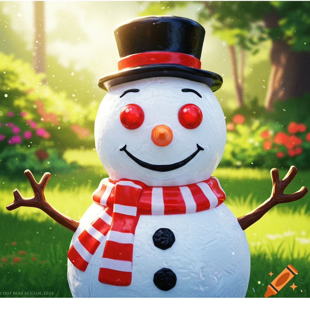 A plastic snowman with red eyes, a top hat, and a red and white scarf smiles in a sunny garden.